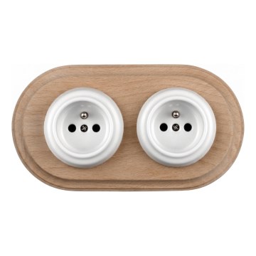 Elhard - Enchufe doble retro de cerámica para uso doméstico con marco, 230V, blanco/madera clara