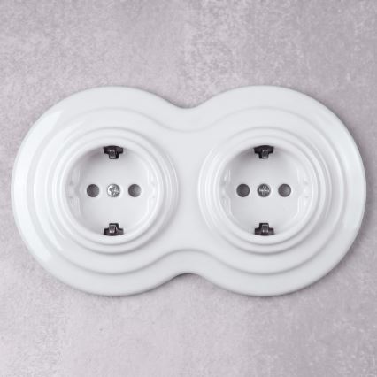 Elhard - Enchufe doble retro de cerámica para uso doméstico con marco SCHUKO 230V blanco