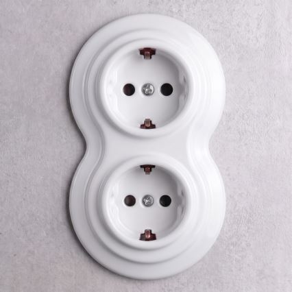 Elhard - Enchufe doble retro de cerámica para uso doméstico con marco SCHUKO 230V blanco