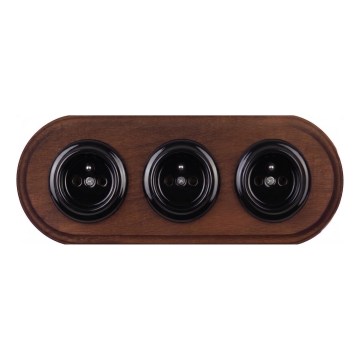 Elhard - Enchufe doméstico retro cerámico triple con marco 230V negro/madera oscura