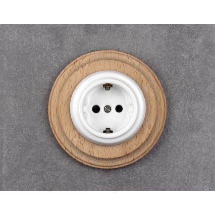 Elhard - Toma de corriente retro de cerámica para uso doméstico con marco SCHUKO 230V blanco/madera clara