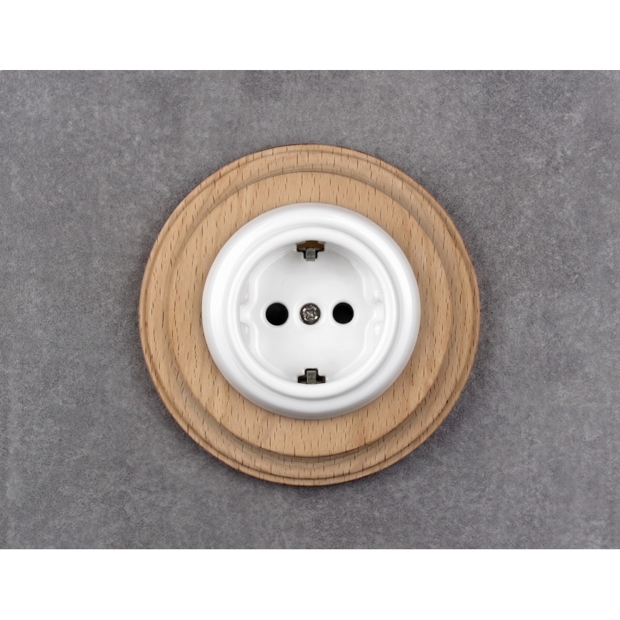 Elhard - Toma de corriente retro de cerámica para uso doméstico con marco SCHUKO 230V blanco/madera clara