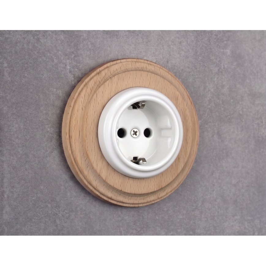 Elhard - Toma de corriente retro de cerámica para uso doméstico con marco SCHUKO 230V blanco/madera clara