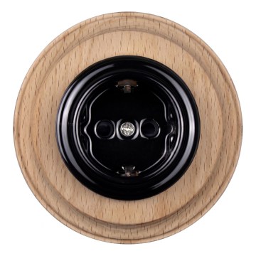 Elhard - Enchufe doméstico retro de cerámica con marco SCHUKO 230V negro/madera clara