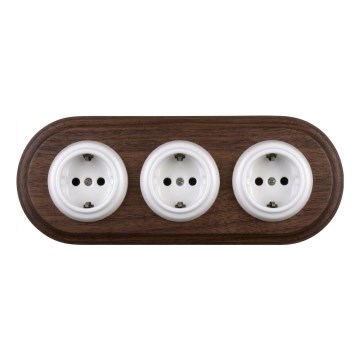 Elhard - Enchufe doméstico retro de cerámica triple con marco SCHUKO 230V blanco/madera oscura