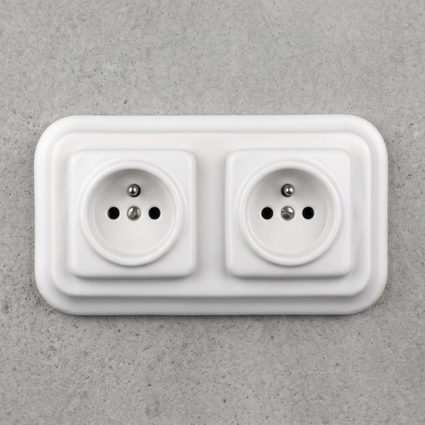 Elhard - Enchufe doméstico retro doble de cerámica con marco, 230 V, blanco