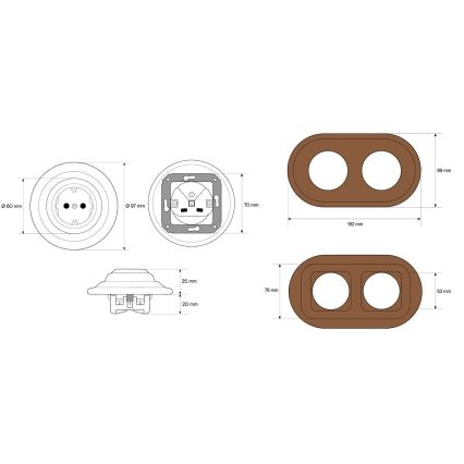 Elhard - Enchufe doble cerámico retro de pared para uso doméstico con marco SCHUKO 230V, blanco/madera oscura