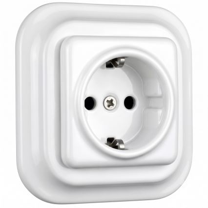 Elhard - Enchufe doméstico retro en cerámica con marco SCHUKO 230 V, blanco