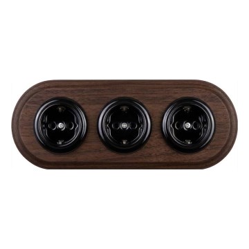 Elhard - Enchufe doméstico retro triple de cerámica con marco SCHUKO 230V negro/madera oscura
