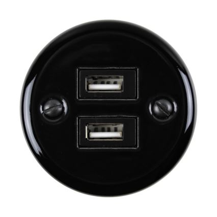 Elhard - Enchufe retro de cerámica con 2 puertos USB-A, negro