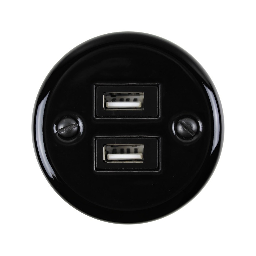 Elhard - Enchufe retro de cerámica con 2 puertos USB-A, negro
