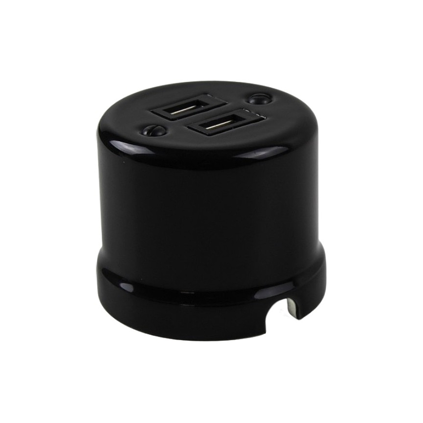 Elhard - Enchufe retro de cerámica con 2 puertos USB-A, negro