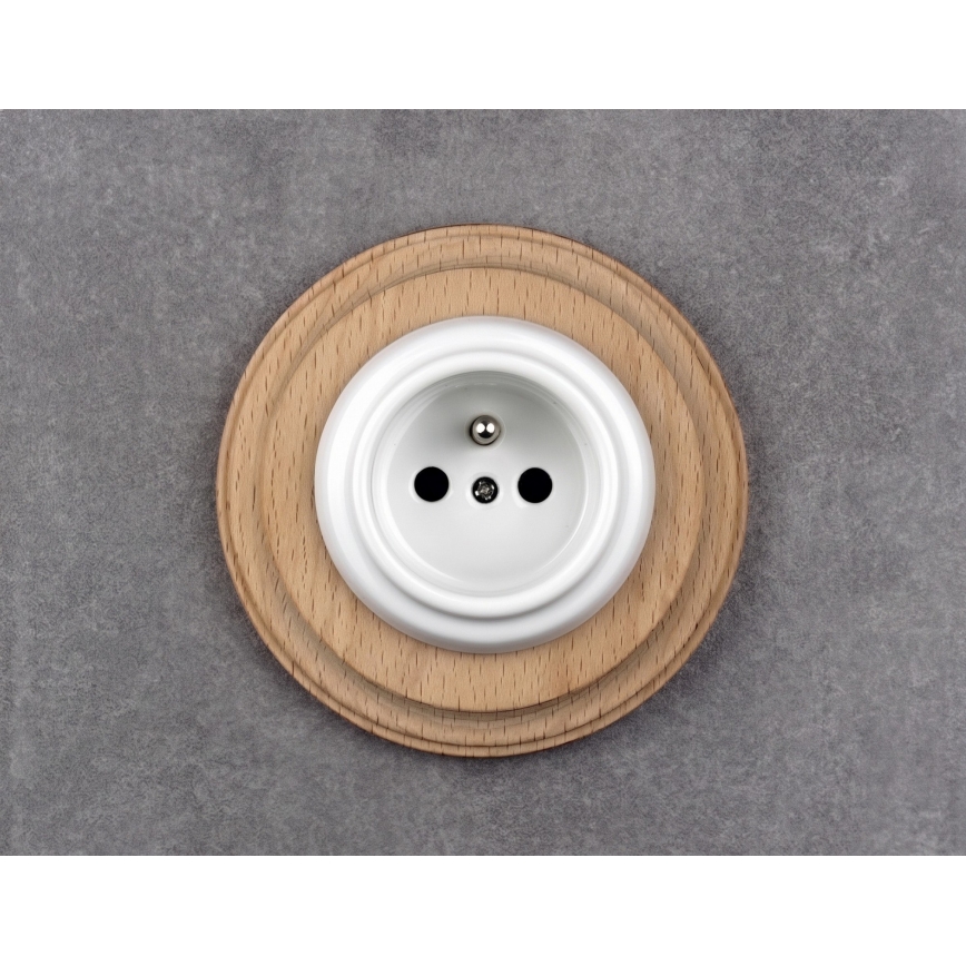 Elhard - Enchufe retro de cerámica para uso doméstico con marco 230V blanco/madera clara