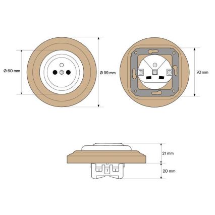 Elhard - Enchufe retro de cerámica para uso doméstico con marco 230V blanco/madera clara