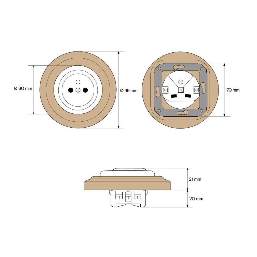 Elhard - Enchufe retro de cerámica para uso doméstico con marco 230V blanco/madera clara