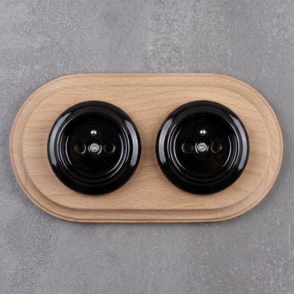 Elhard - Enchufe doble cerámico de estilo retro para uso doméstico con marco 230V, negro/madera clara