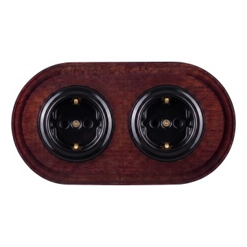 Elhard - Enchufe retro doble de cerámica para uso doméstico con marco SCHUKO 230V negro/madera oscura