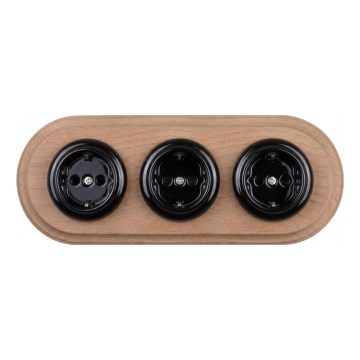 Elhard - Enchufe retro doméstico triple de cerámica con marco SCHUKO 230V negro/madera clara