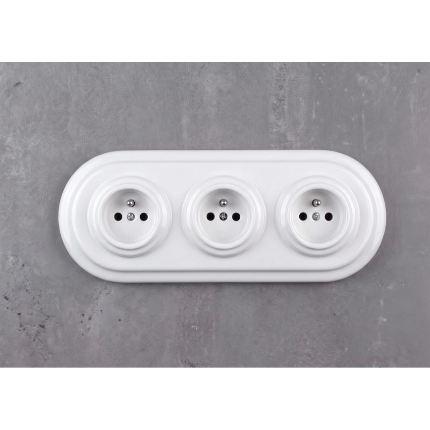 Elhard - Enchufe triple cerámico de estilo retro para uso doméstico con marco 230V blanco
