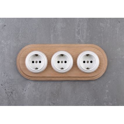Elhard - Toma de corriente triple cerámica de estilo retro para uso doméstico con marco SCHUKO 230V blanco/madera clara