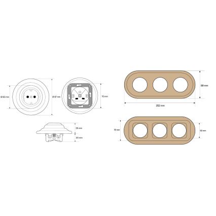 Elhard - Toma de corriente triple cerámica de estilo retro para uso doméstico con marco SCHUKO 230V blanco/madera clara