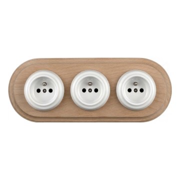 Elhard - Enchufe triple doméstico de cerámica estilo retro con marco 230V blanco/madera clara