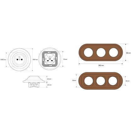Elhard - Enchufe triple de cerámica de estilo retro para uso doméstico con marco 230V blanco/madera oscura