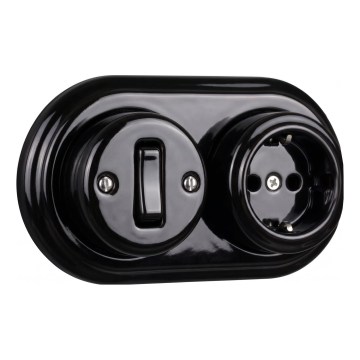 Elhard - Interruptor de pared cerámico retro unipolar n.º 1 y enchufe SCHUKO 230V con marco negro