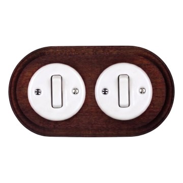 Elhard - Interruptor doble de cerámica estilo retro con marco č. 1 blanco/madera oscura