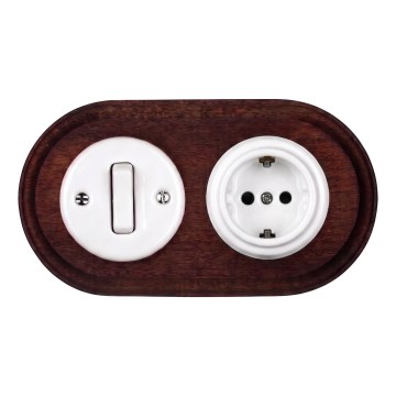 Elhard - Interruptor retro cerámico č. 1 y enchufe 230V con marco SCHUKO blanco/madera oscura
