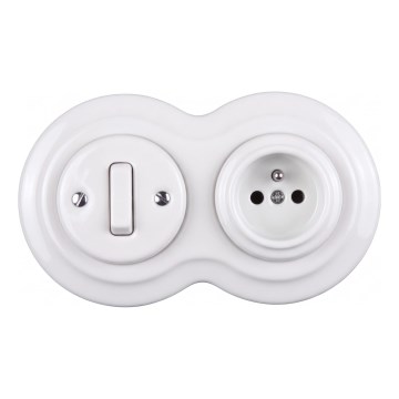 Elhard - Interruptor retro de cerámica č. 1 y enchufe 230V con marco blanco