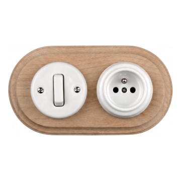 Elhard - Interruptor retro de cerámica č. 1 y enchufe 230V con marco blanco/madera clara