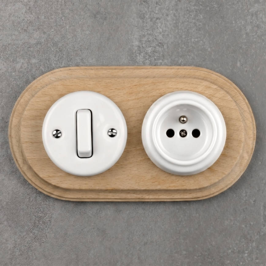 Elhard - Interruptor retro de cerámica č. 1 y enchufe 230V con marco blanco/madera clara