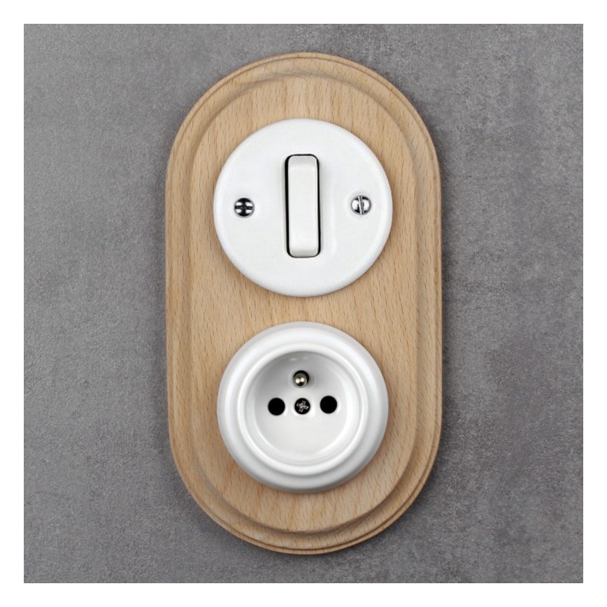 Elhard - Interruptor retro de cerámica č. 1 y enchufe 230V con marco blanco/madera clara