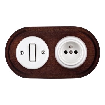 Elhard - Interruptor retro de cerámica č. 1 y enchufe 230V con marco blanco/madera oscura
