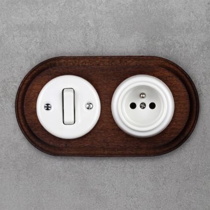 Elhard - Interruptor retro de cerámica č. 1 y enchufe 230V con marco blanco/madera oscura