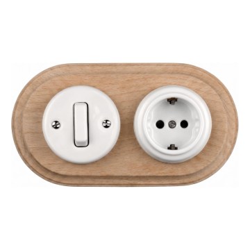 Elhard - Interruptor retro de cerámica č. 1 y enchufe 230V con marco SCHUKO blanco/madera clara