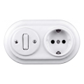 Elhard - Interruptor retro de cerámica de 1 tecla y enchufe 230V con marco SCHUKO blanco