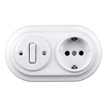 Elhard - Interruptor retro de cerámica de 1 tecla y enchufe 230V con marco SCHUKO blanco