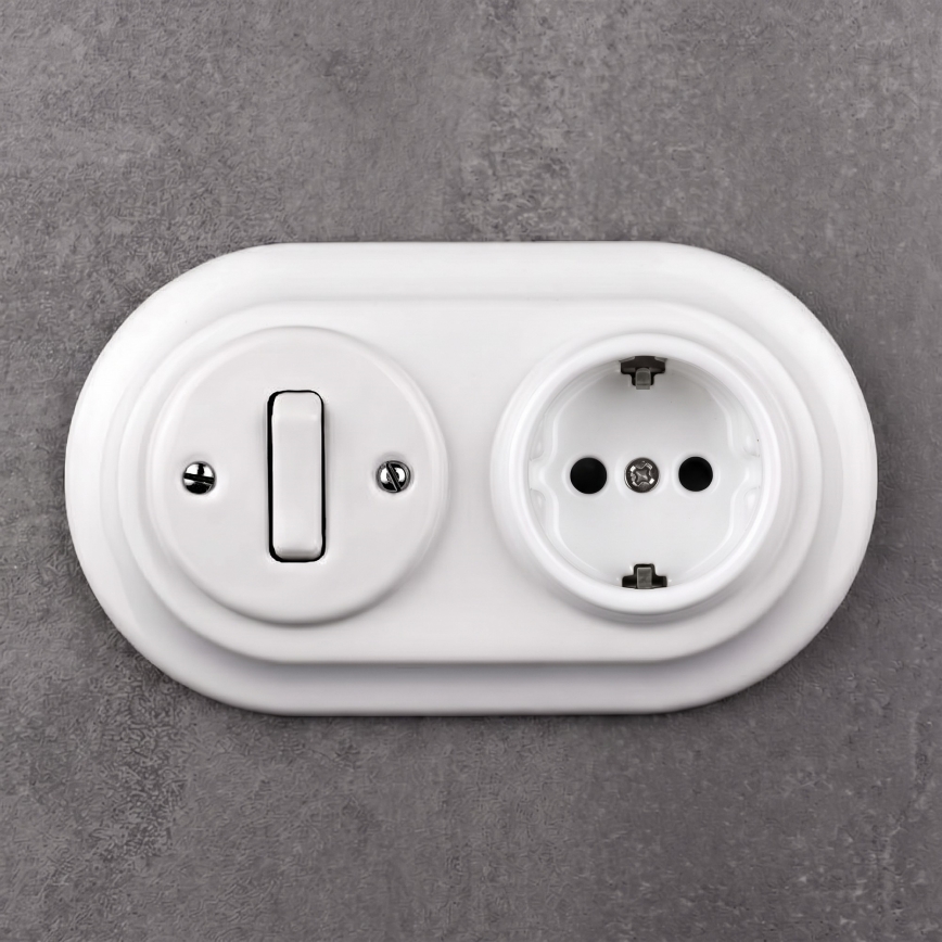 Elhard - Interruptor retro de cerámica de 1 tecla y enchufe 230V con marco SCHUKO blanco