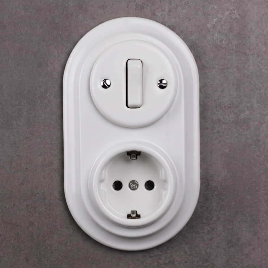 Elhard - Interruptor retro de cerámica de 1 tecla y enchufe 230V con marco SCHUKO blanco