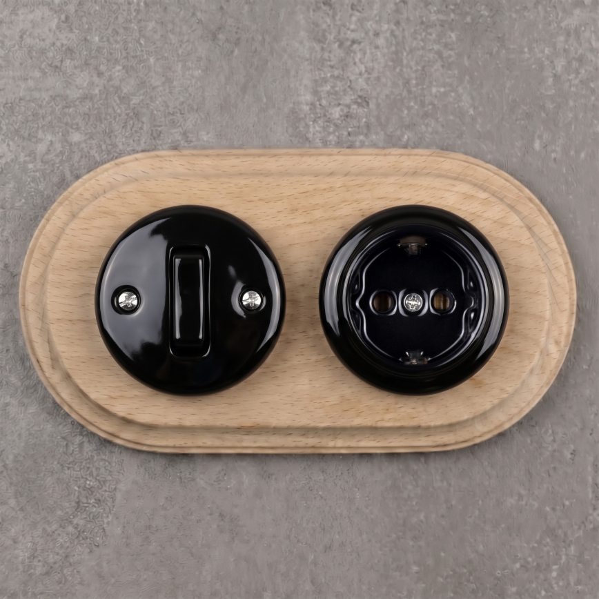 Elhard - Interruptor retro de cerámica č. 1 y enchufe 230V con marco SCHUKO negro/madera clara