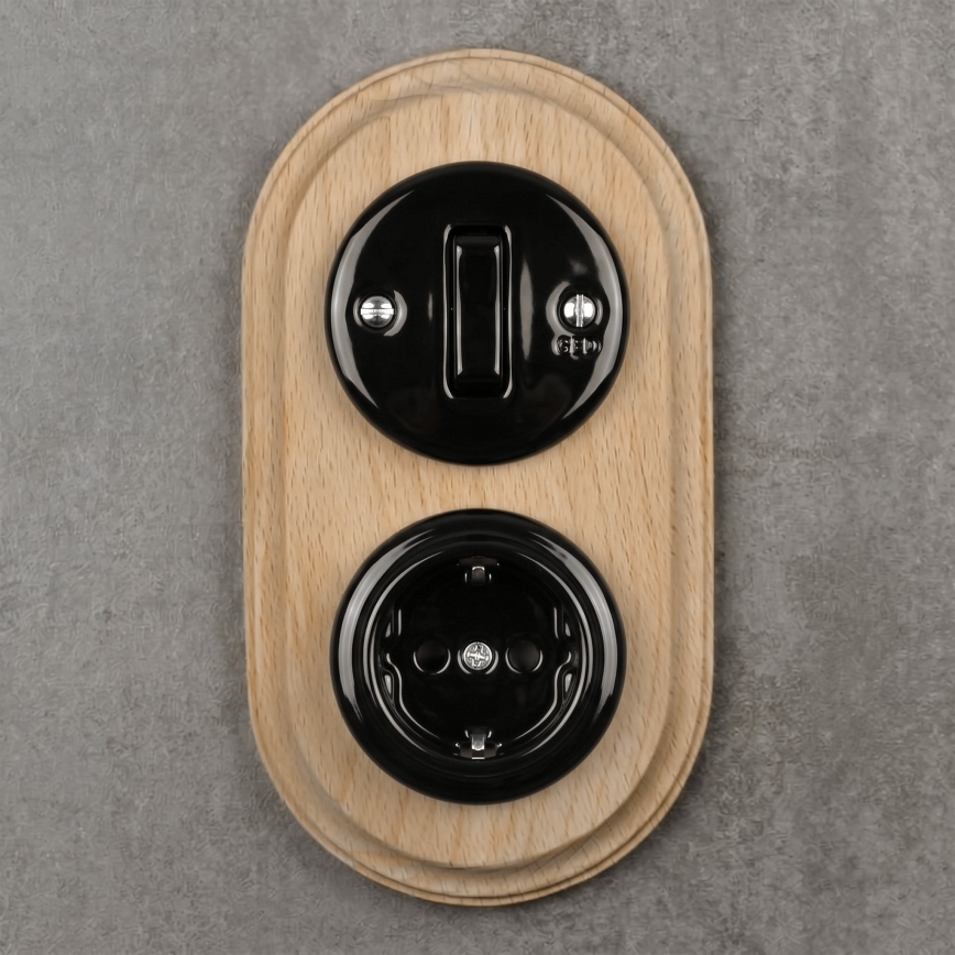 Elhard - Interruptor retro de cerámica č. 1 y enchufe 230V con marco SCHUKO negro/madera clara