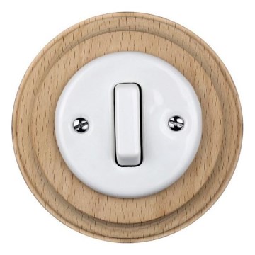 Elhard - Interruptor retro de cerámica sencillo con marco č. 1 blanco/madera clara