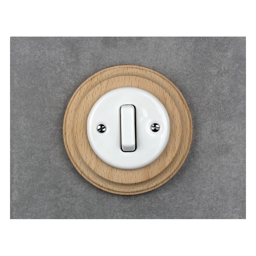 Elhard - Interruptor retro de cerámica sencillo con marco č. 1 blanco/madera clara