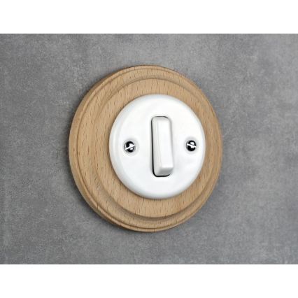 Elhard - Interruptor retro de cerámica sencillo con marco č. 1 blanco/madera clara