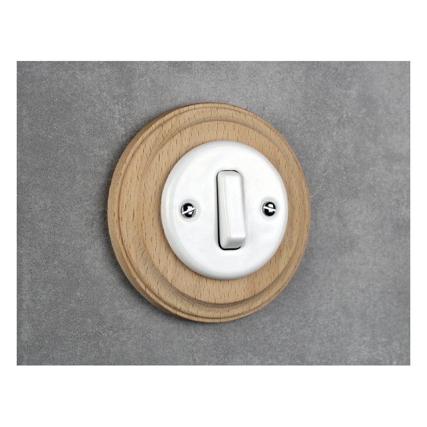 Elhard - Interruptor retro de cerámica sencillo con marco č. 1 blanco/madera clara