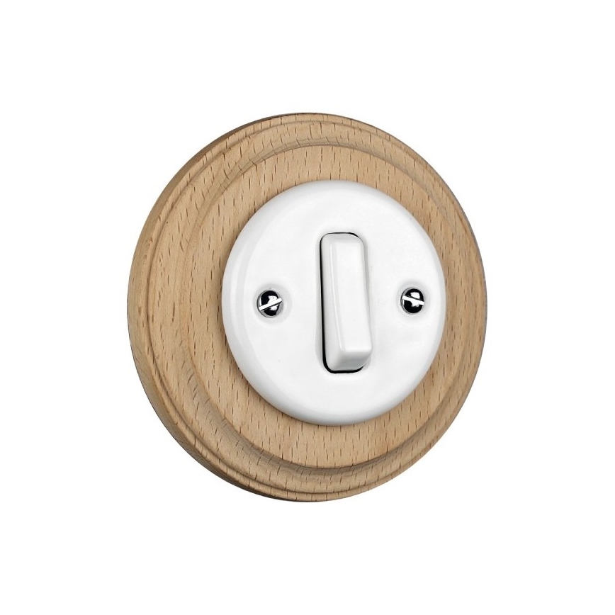 Elhard - Interruptor retro de cerámica sencillo con marco č. 1 blanco/madera clara