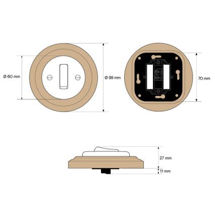 Elhard - Interruptor retro de cerámica sencillo con marco č. 1 blanco/madera clara
