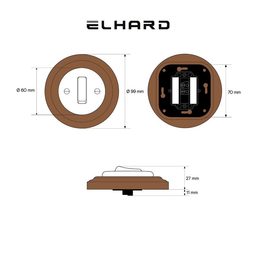 Elhard - Interruptor retro de cerámica sencillo con marco č. 1, negro/madera oscura